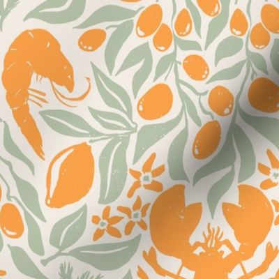 Lobster Lemon Dinner with Shrimps Olives and Dill, block print style food design, orange green, Jumbo 12in repeat