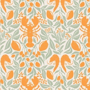 Lobster Lemon Dinner with Shrimps Olives and Dill, block print style food design, orange green, Jumbo 12in repeat
