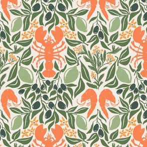 Lobster Lemon Dinner with Shrimps Olives and Dill, block print style food design, natural hues, jumbo 12in repeat