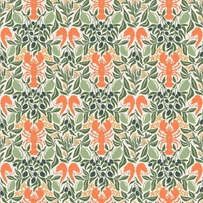 Lobster Lemon Dinner with Shrimps Olives and Dill, block print style food design,  natural hues, Large 6in repeat