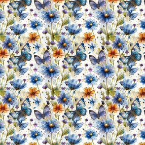 Blue Wildflowers and Butterflies Floral Nature Design