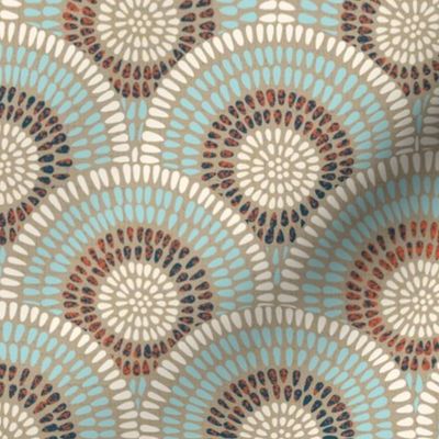 hand drawn scallops with cream, light blue, terracotta and dark blue  -large scale