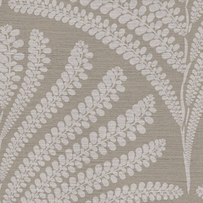 Damask with brown beige fern fans  on warm grey brown / Cathedral Gray  linen  - Large scale