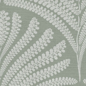 Damask with fern fans  off- white / light grey on grey green  linen  - Large scale