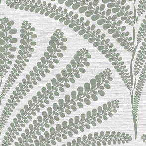 Damask with fern fans heather grey green on off-white / silver  linen  - Large scale