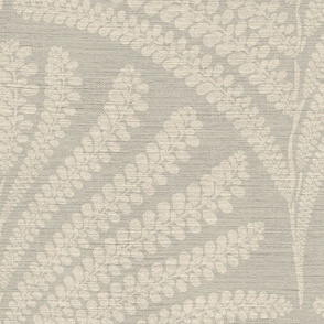 Damask with fern fans muted neutral yellow on  darker beige linen  - Large scale