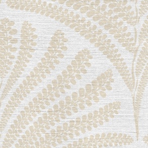 Damask with fern fans muted neutral yellow on  off-white linen  - Large scale