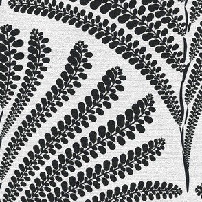 Damask with fern fans charcoal black on silver grey linen  - Large scale