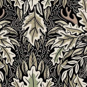 The Green Man  - godhood, pagan symbol of spring and rebirth - warm neutrals on black - extra large