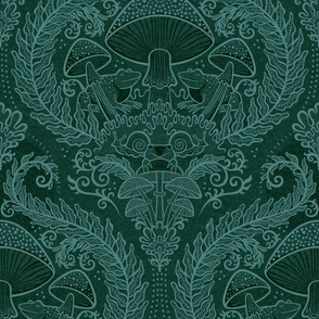 Frogs and Mushrooms Damask- Magic Forest- Ferns- Snails- Toads- Cottagecore- Arts and Crafts- Victorian- Hollywood Regency- Pine Green and Mint Green- DarkTeal Green- Medium