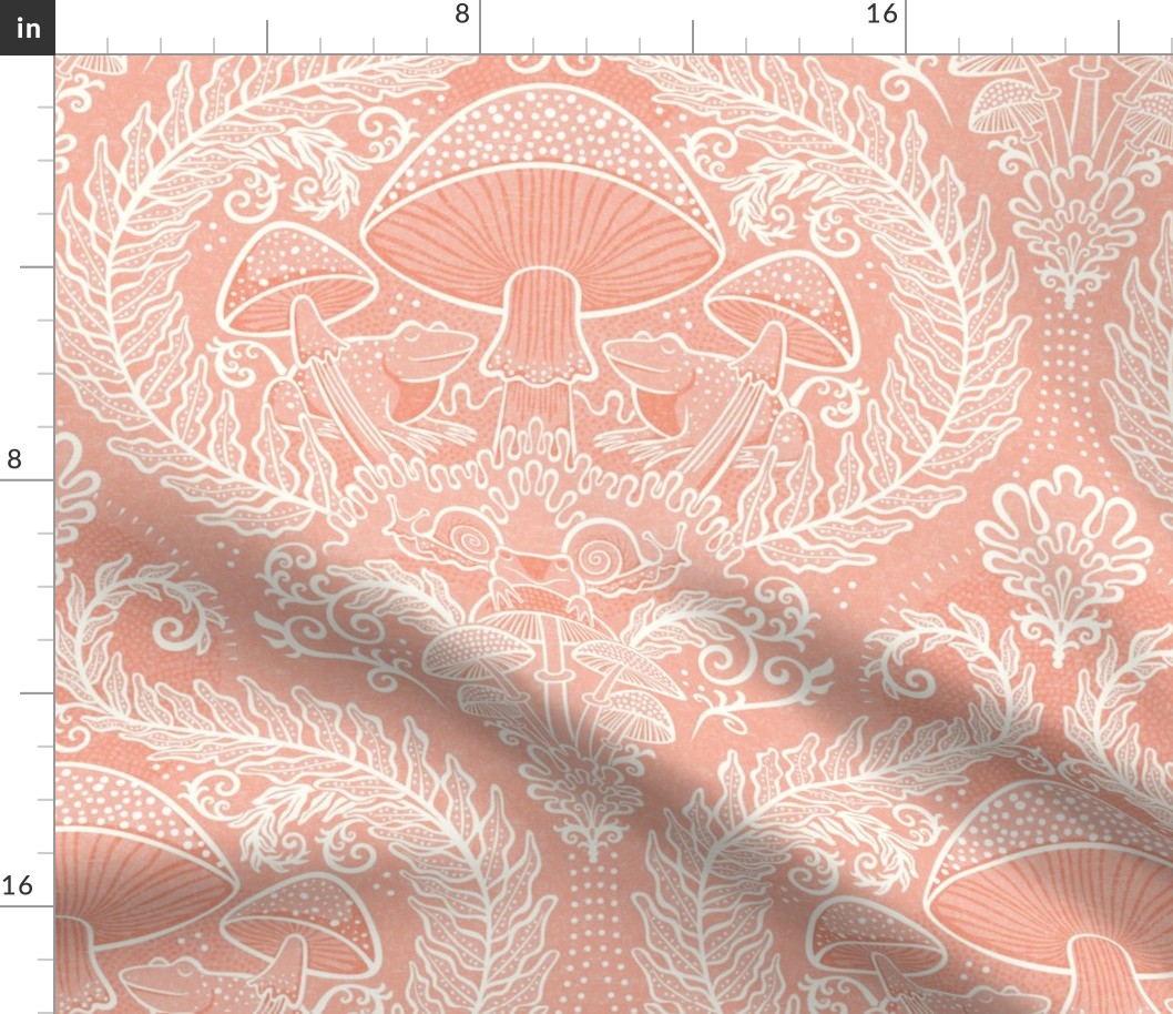 Frogs and Mushrooms Damask- Magic Forest- Ferns- Snails- Toads- Cottagecore- Arts and Crafts- Victorian- Hollywood Regency- Fairytale- Flamingo Pink- Light Coral- Soft Orange- Blush- Medium