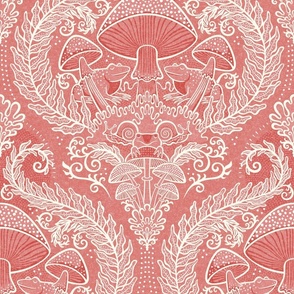 Frogs and Mushrooms Damask- Magic Forest- Ferns- Snails- Toads- Cottagecore- Arts and Crafts- Victorian- Hollywood Regency- Fairytale- Coral Pink- Muted Pink- Medium