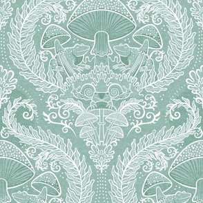 Frogs and Mushrooms Damask- Magic Forest- Ferns- Snails- Toads- Cottagecore- Arts and Crafts- Victorian- Hollywood Regency- Mint Green- Light Teal Green- Soft Pastel Green- Medium
