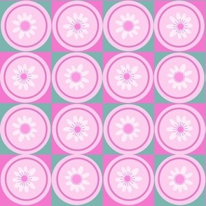 Checkboard bright pink green squares circles and cute flowers LL 283