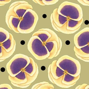 Yellow pansy  with black polka dots on khaki background 