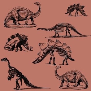 Museum Animals, Dinosaur Skeletons on Mauve Pink, Vintage Dinos (405)