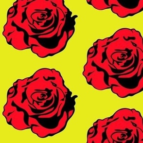 Lemon Yellow Warhol Inspired Graphic Design, 1960s Hippie Chic Florals, Graphic Scarlet Red Lemon Yellow Floral Design, Groovy Vibe Pop Culture, Flower Power Pop Art, Op Art Psychedelic Art, Trippy Twist Pop Art Flowers, Comic Book Retro Rose Pop Graphic