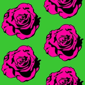 Dramatic Bold Pop Art Look Wallpaper Design, Hot Pink Pop Art Roses, Unique Statement Mural Art, Creative Interior Neon Green Design Space, Cool Pop Art, Retro Pop Art Florals, Mid-Century Modern Flowers, Vintage Comic Book Rose Design, Statement Floral
