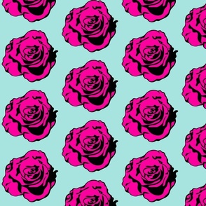 Bold Black Pink Rose, Bold Baby Blue Background, Pop Art Rose Design, Comic Book Style Rose, Graphic Floral Print, Bold Graphic Lines, Mid Century Modern Floral, 1950s Rose Pattern, Pop Art Flower Design, Illustrated Floral Wall Mural, Artistic Rose Print