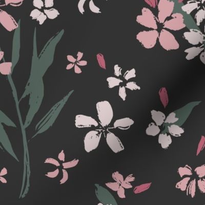 (L) Flower Stems with Abundant Blossoms | Pink, White, Green on Black | Large Scale