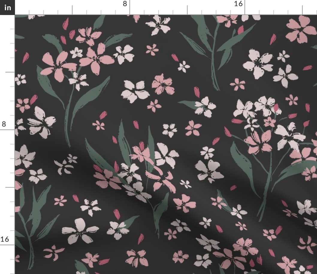 (L) Flower Stems with Abundant Blossoms | Pink, White, Green on Black | Large Scale