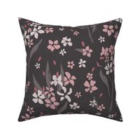 (L) Flower Stems with Abundant Blossoms | Pink, White on Dark Mauve Brown | Large Scale