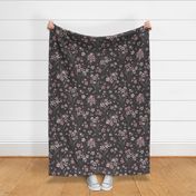 (L) Flower Stems with Abundant Blossoms | Pink, White on Dark Mauve Brown | Large Scale
