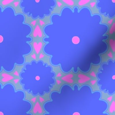Pink Blue flowers Pink Hearts Blue Background 