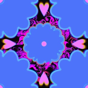 Blue Pink Floral Pink Hearts / Marble Art on Black Background