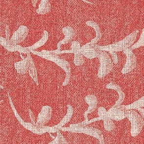 24” repeat handdrawn seaweed tossed and scattered with faux burlap woven texture pale pink on deep coral red tapestry effect