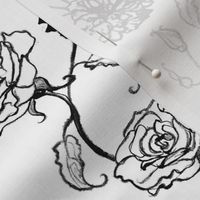 Rosebud trailing floral stripe vertical / cecil brunner rose / hand drawn vintage flowers / subtle floral wallpaper / classical rococo roses / climbing rose striped / black white coquette
