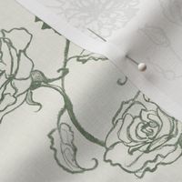 Rosebud trailing floral stripe vertical / cecil brunner rose / hand drawn vintage flowers / subtle floral wallpaper / classical rococo roses / climbing rose striped / khaki green creamy white