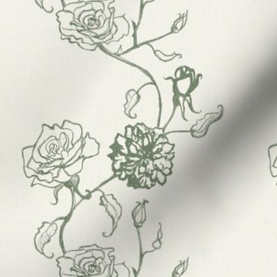 Rosebud trailing floral stripe vertical / cecil brunner rose / hand drawn vintage flowers / subtle floral wallpaper / classical rococo roses / climbing rose striped / khaki green creamy white