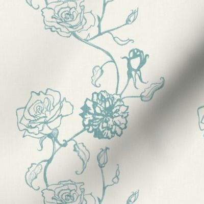 Rosebud trailing floral stripe vertical / cecil brunner rose / hand drawn vintage flowers / subtle floral wallpaper / classical rococo roses / climbing rose striped / sea mist green blue creamy white