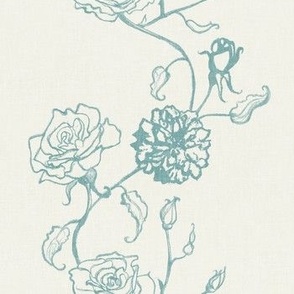 Rosebud trailing floral stripe vertical / cecil brunner rose / hand drawn vintage flowers / subtle floral wallpaper / classical rococo roses / climbing rose striped / sea mist green blue creamy white