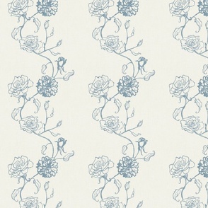 Rosebud trailing floral stripe vertical / cecil brunner rose / hand drawn vintage flowers / subtle floral wallpaper / classical rococo roses / climbing rose striped / denim blue creamy white
