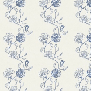 Rosebud trailing floral stripe vertical / cecil bruner rose / hand drawn vintage flowers / subtle floral wallpaper / classical rococo roses / climbing rose striped / denim blue creamy white