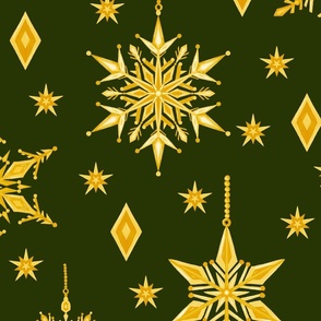 24" Golden Yellow Snowflakes on Dark Green