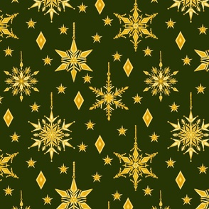 12" Golden Yellow Snowflakes on Dark Green