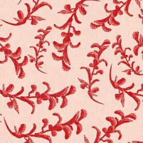 12” repeat handdrawn seaweed tossed and scattered with faux burlap woven texture red hues on pale coral peach