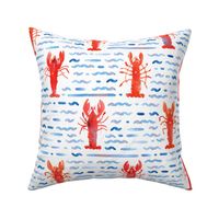 Red Watercolor Lobsters and Blue Wavy Stripes