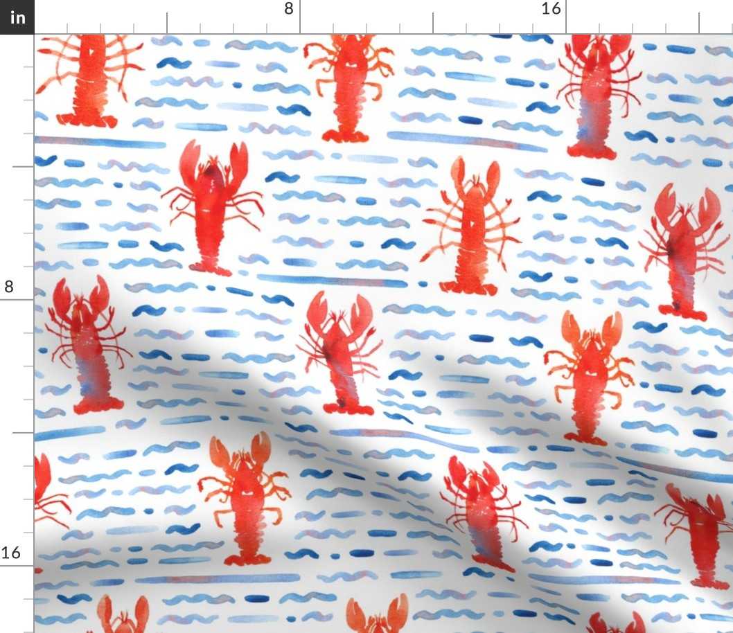 Red Watercolor Lobsters and Blue Wavy Stripes
