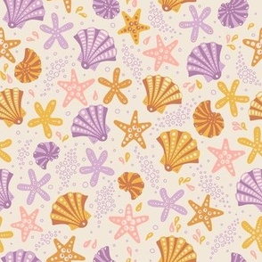 (Small) Tide Pool Delight: Sea Shells, Starfish, Snails, Bubbles and Water Drops - Purple and Orange Brown
