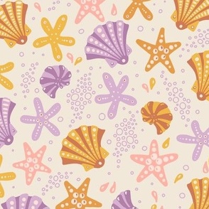 (Large) Tide Pool Delight: Sea Shells, Starfish, Snails, Bubbles and Water Drops - Purple and Orange Brown