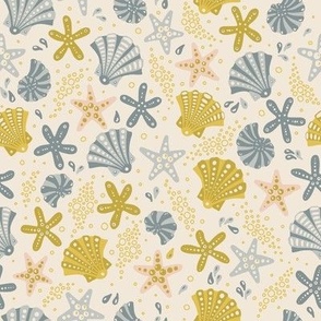 (Small) Tide Pool Delight: Sea Shells, Starfish, Snails, Bubbles and Water Drops  - Muted Mustard Yellow and Grey Blue 