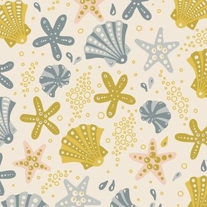 (Large) Tide Pool Delight: Sea Shells, Starfish, Snails, Bubbles and Water Drops - Muted Mustard Yellow and Grey Blue 