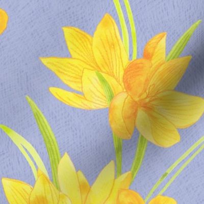 Spring Flowers - Crocus Floral Hand Drawn Textured Print in Yellow over Blue
