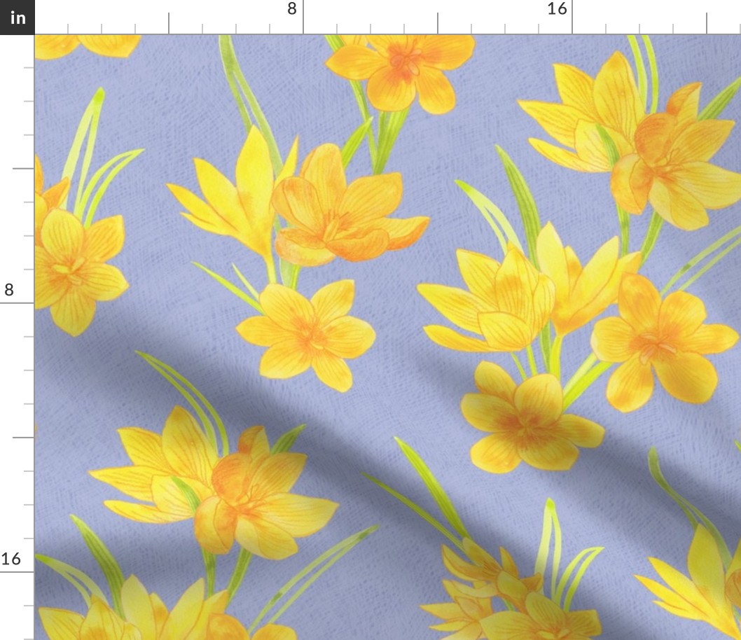Spring Flowers - Crocus Floral Hand Drawn Textured Print in Yellow over Blue