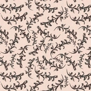 6” repeat handdrawn seaweed tossed and scattered with faux burlap woven texture black and. Grey on pale cream beige pink