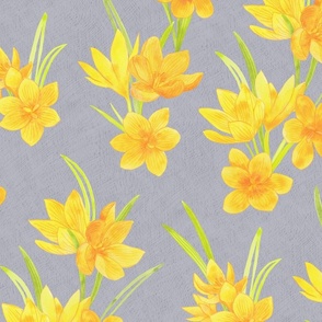 Spring Flowers - Crocus Floral Hand Drawn Textured Print in Yellow over Gray